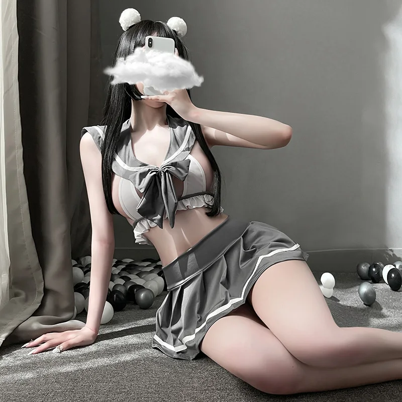 여성용 애니메이션 세일러복 란제리 세트 여학생 코스프레 의상 나비넥타이 크롭탑 러플 주름 치마 섹시 속옷 의상