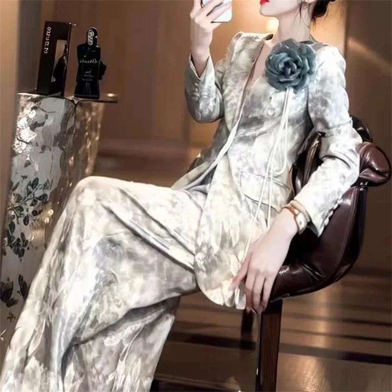 

Autumn Women's New Fashion Suit, Light Luxury High-end Design, Tie Dye Suit, Woman Loose Wide Leg Pants Two-piece Set JJ1048