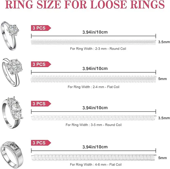 Ring Sizer for Loose Rings, 12 Pack 4 Sizes, Invisible Clear Silicone, Non-Slip Adjustable Ring Sizers, Ring Resizer and Tightener Guards, for Women and Men, Make Rings Smaller Without Resizing