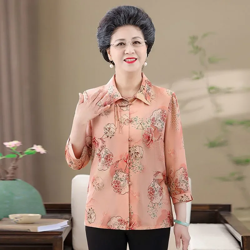 

Chinese Style Floral Print Chiffon Shirt for Elderly Women Summer Loose 3/4 Sleeve Blouse for Daily Wear