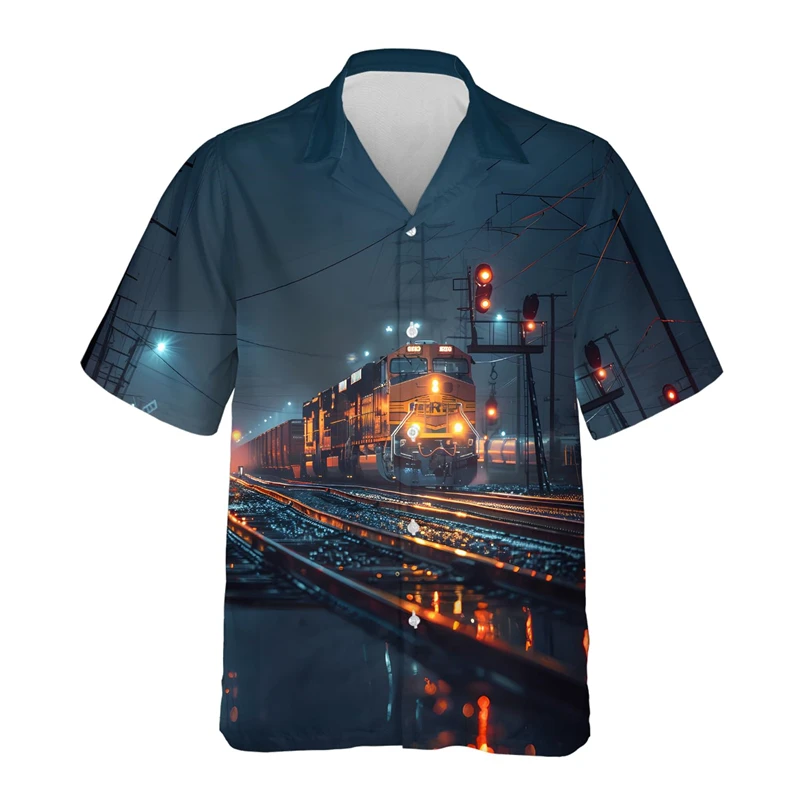 

Vintage Train 3D Print Shirts For Men Clothes Hawaii Vacation Vehicle Male Short Sleeve Button Tops Boy Streetwear Lapel Blouse