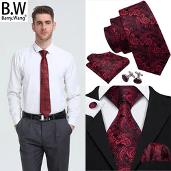 Barry.Wang Elegant Men Tie Silk Necktie Handkerchief Cufflinks Set Jacquard Paisley for Male Wedding Party Business 8.5CM Width