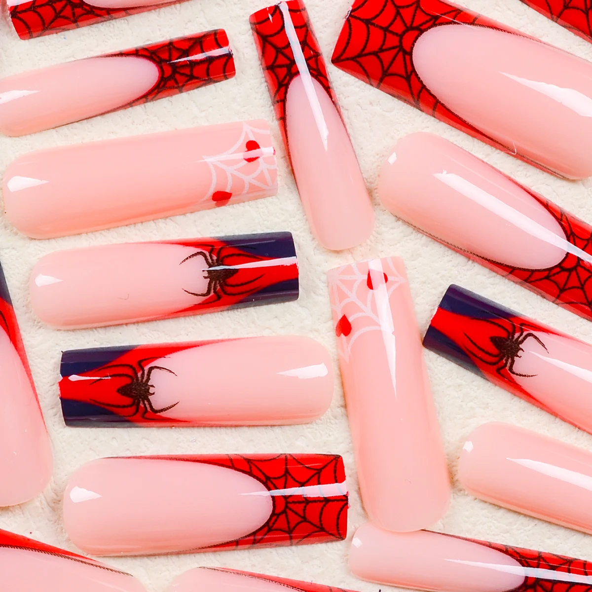 24 Uñas Postizas Cuadradas Extra Largas - Estilo Francés de Halloween en Rojo con Lindas Arañas y Telarañas, Patrones de Corazones - Kit de Manicura DIY