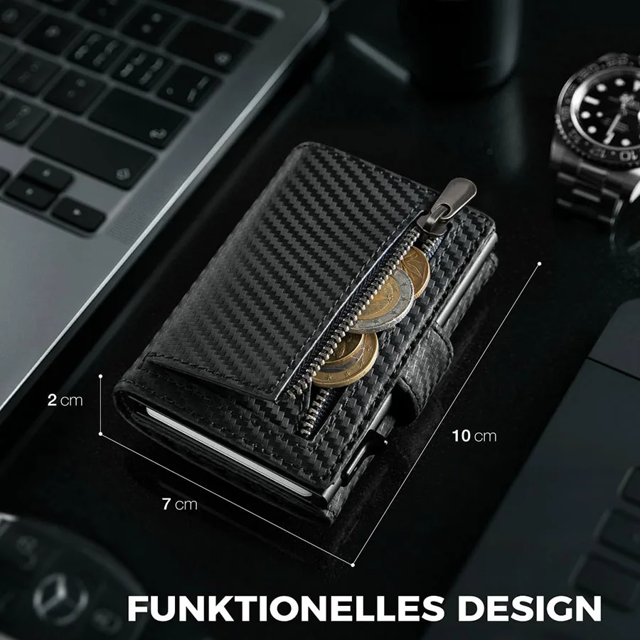 Carteira RFID fina masculina com compartimento para moedas Porta cartão de crédito Carteira pop up para homens