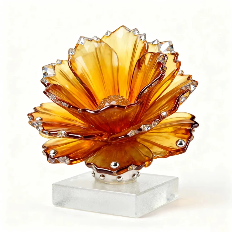 Custom amber flower-shaped crystal glass ornaments are suitable for corporate gifts and home decoration