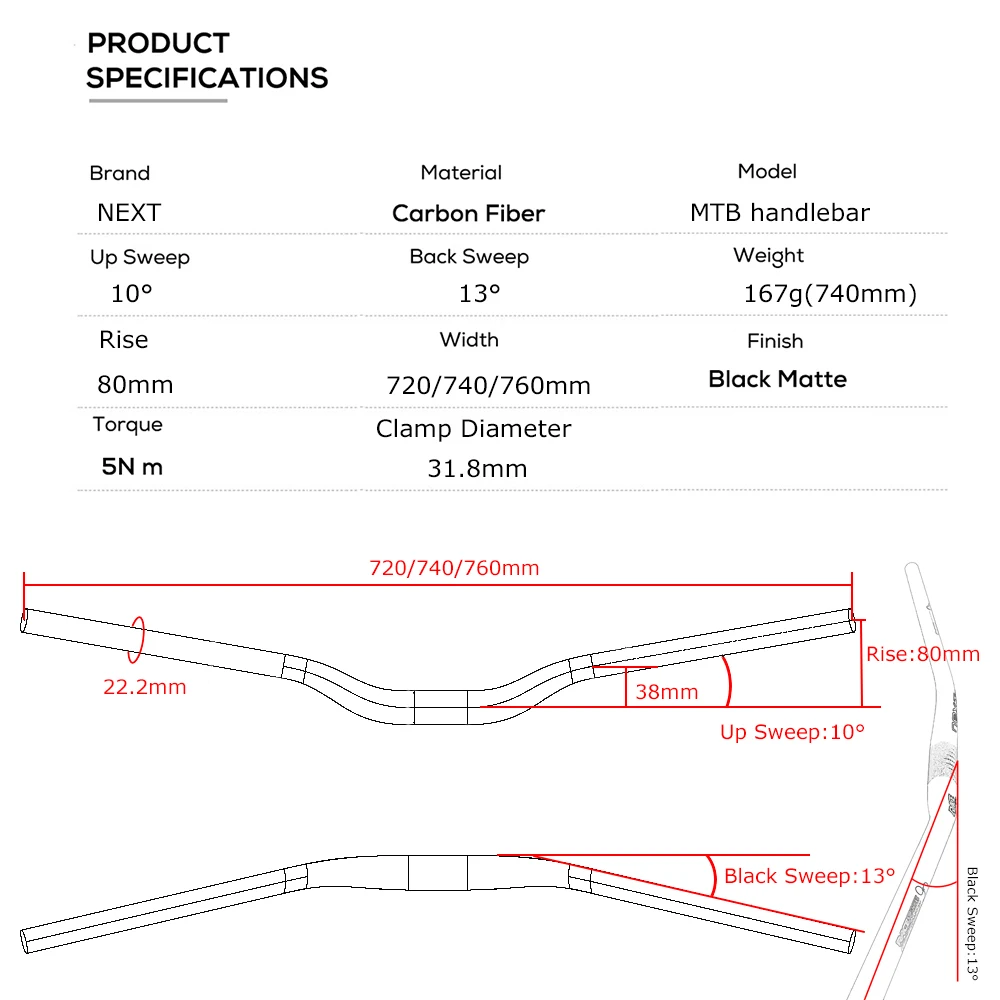 NEXT Ultra Light Mountain Handlebar, Full Carbon Fiber 3K Pattern, 31.8mm Diameter, High Gloss Matte 720-760mm Optional