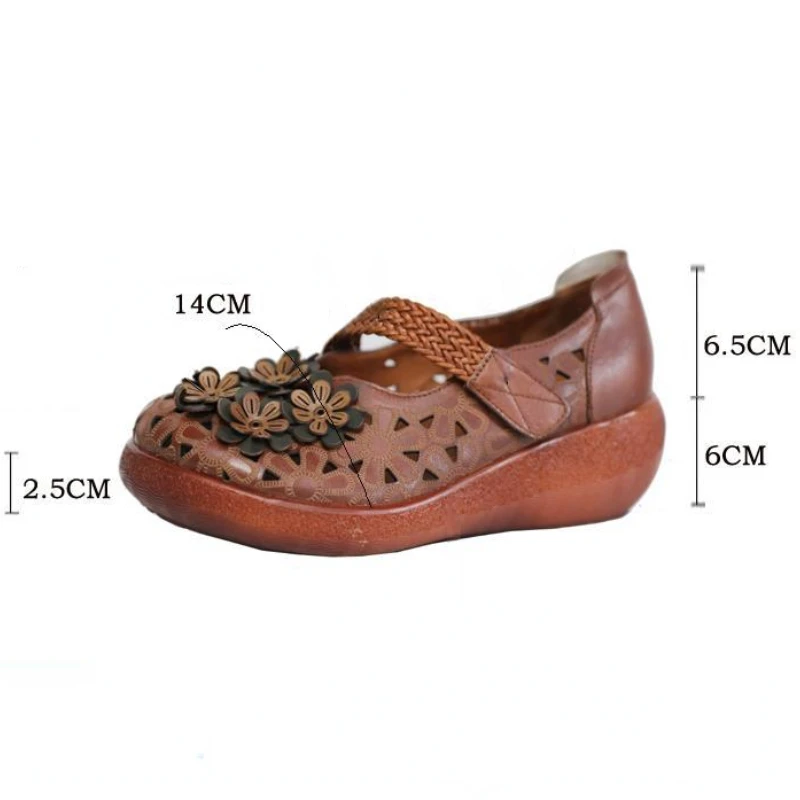 6cm Cow Genuine Leather Retro Mary Jane Hollow Sneaker Women Hook Platform Wedge Moccasins Summer Luxury Flower Elegance Shoes