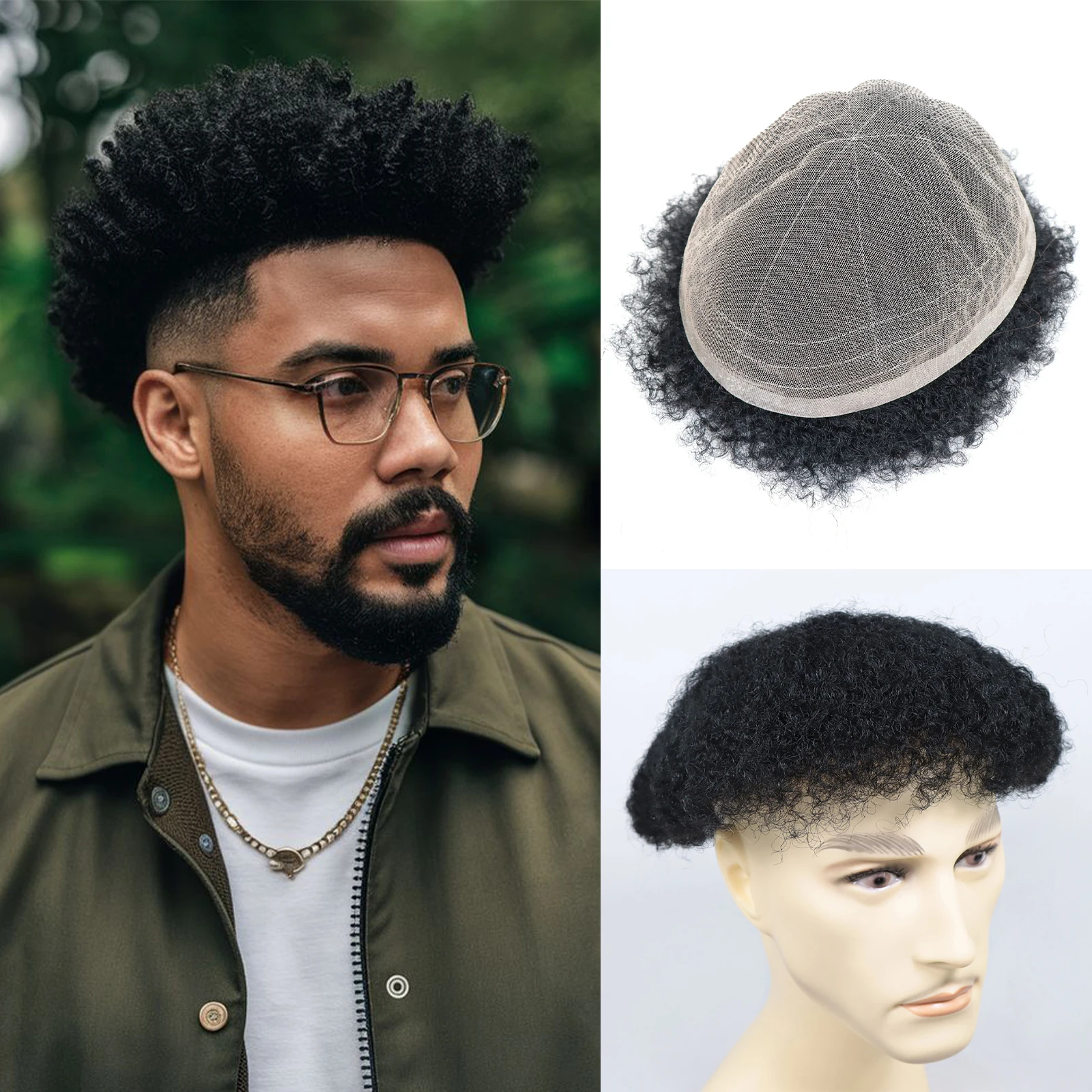 

6-дюймовый афро-кудрявый парик, дышащий полный парик шнурка для мужчин, 6 мм кудри, узор, настоящие человеческие волосы, плотность 130%, естественный вид, черный цвет