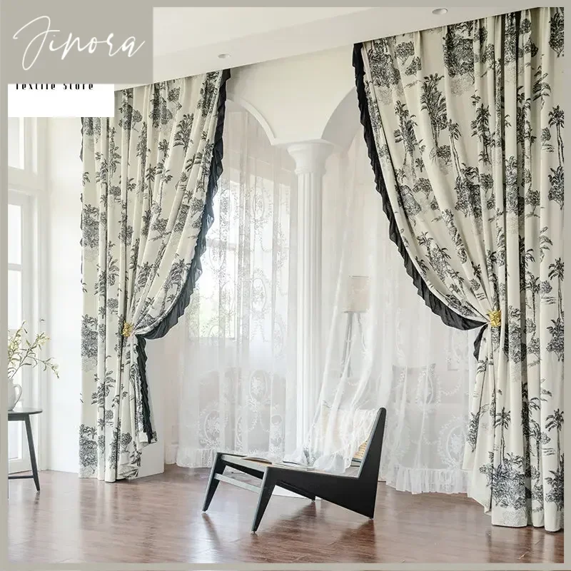 New French Curtains For Living Dining Room Bedroom Retro Velvet Window Printed Lace Curtain White Tulle Custom