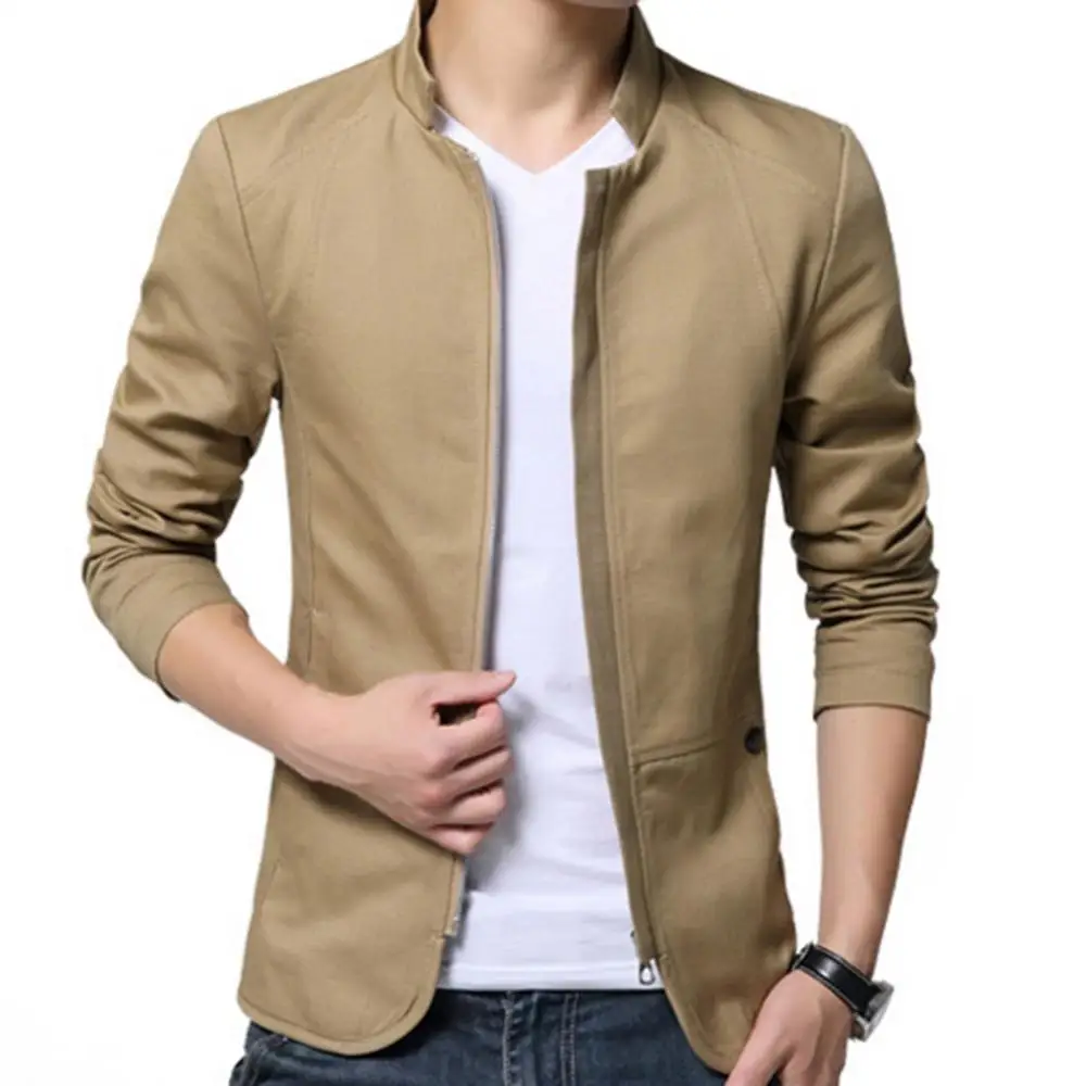 Casual Men Blazer Spring Autumn Stylish Business Casual Jacket Solid Color Stand Collar Zipper Pockets Thin Slim Blazer Coat