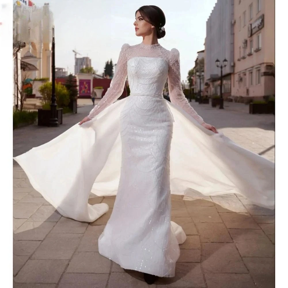 

Modest High Neck Wedding Dress Sequins Sparkly Full Sleeves Mermaid Beads Bride Robe Elegant Pearls Long Bridal Evening Dress