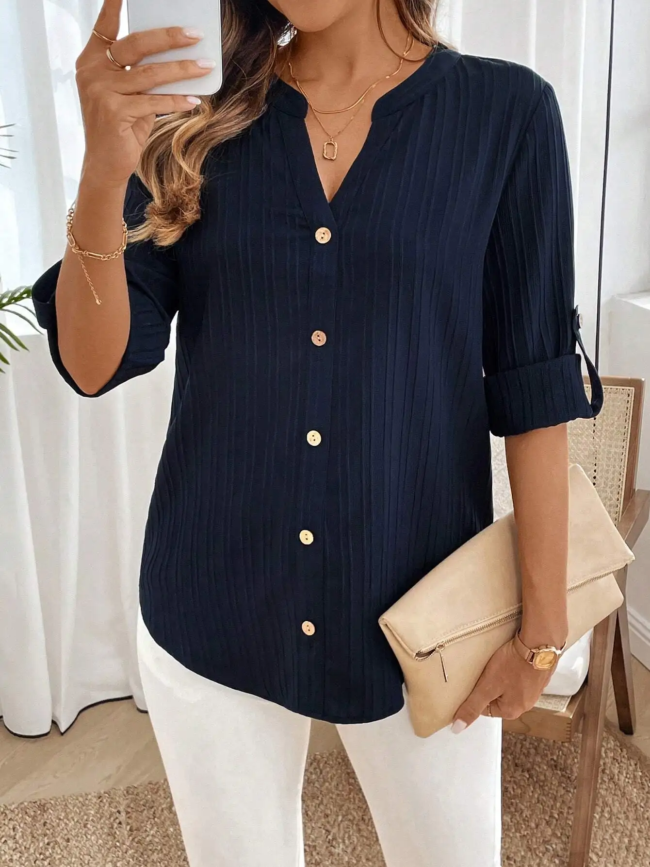 

Navy Blue Pleated Button Down Shirt Women Casual V Neck Three Quarter Sleeve Blouse
