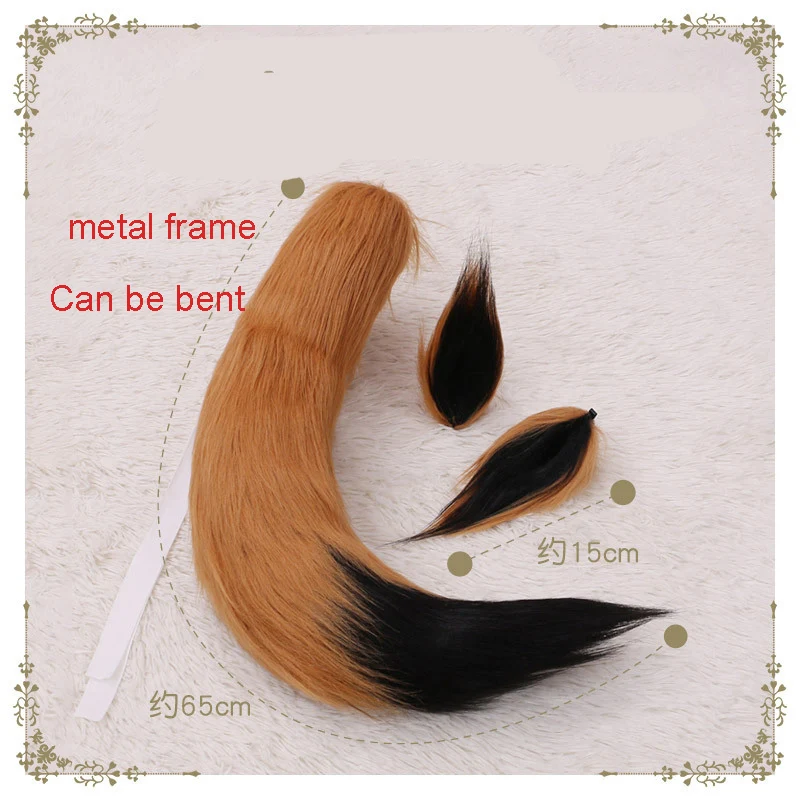 Japan Anime Fox Tail and Ears Set Cosplay Prop Kawaii Dog Fox Ear 65cm Faux Fur Tail Wolf Headwear Halloween Party Accessories