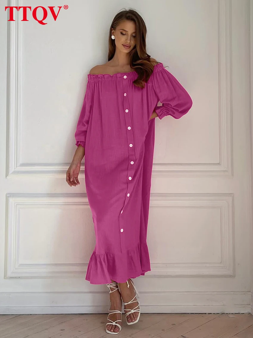

TTQV Fashion Loose Pink Cotton Women Dress 2026 Autumn Slash Neck Long Sleeve Ankle Length Dresses Elegant Classic Female Dress