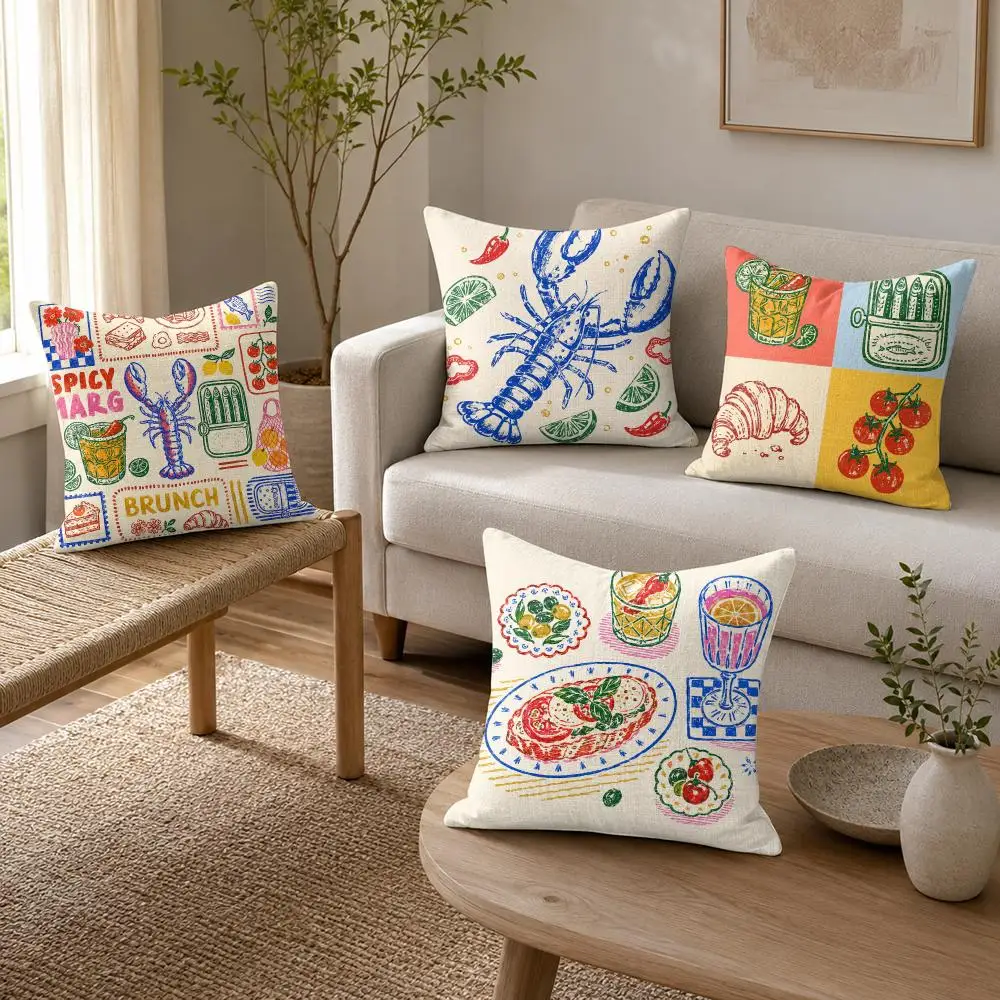 Coastal Food Doodles Cushion Cover Organic Linen Throw Pillow Cover - Double-Sided Print Breathable Cushion Case Home Decor