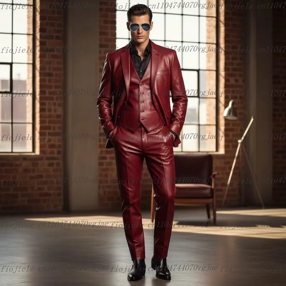 

New Burgundy Leather Men Suit Formal Wedding Party Groom Groomsman Prom Male Tuxedos Customize 3 Piece Set Jacket Vest Pants