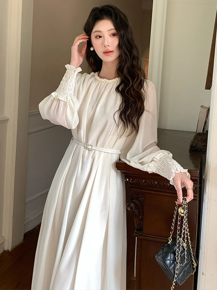 Ropa de mujer de gasa lisa con cuello redondo ajustado vestido largo acampanado elegante señora moda fiesta graduación Vestidos Fiesta bata Casual otoño nuevo