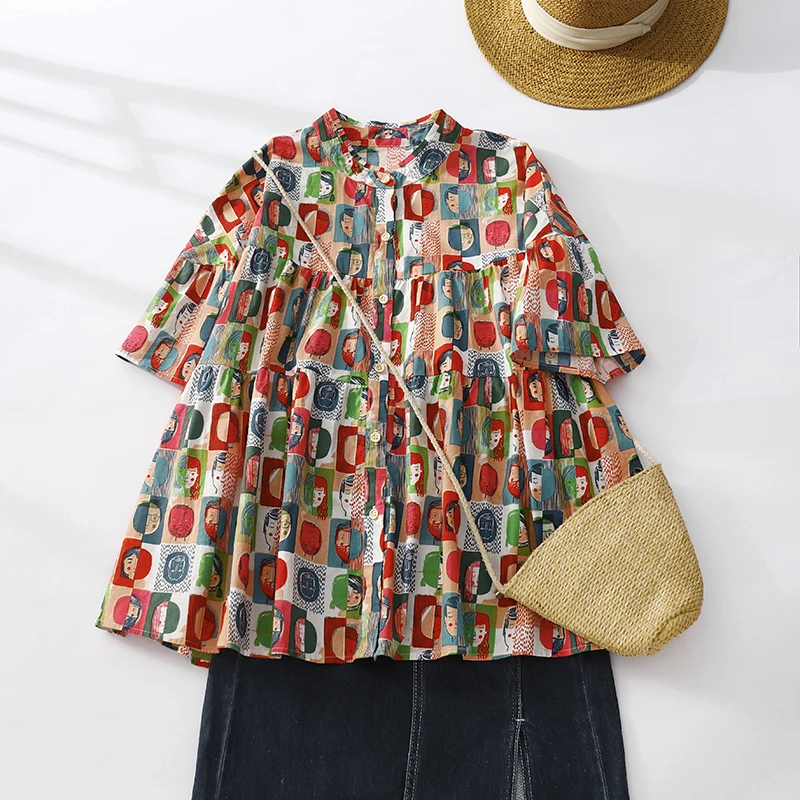 

Retro Hong Kong Sle fiti Print Women's irt Summer Large Size A-Line Doll irt Trendy ort Sve Korean Commute Sle