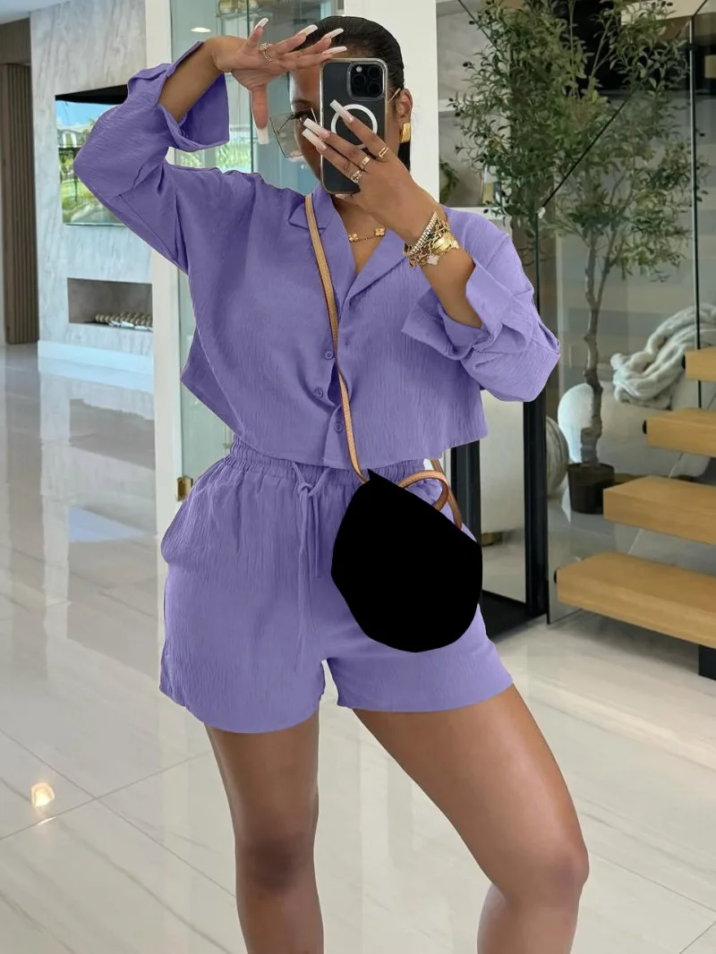 

KEXU Fashion Women's Set Long Sleeve Button Blouses Shirt Top and Shorts 2025 Street Classic Two 2 Piece Sets Outfits Tracksuit