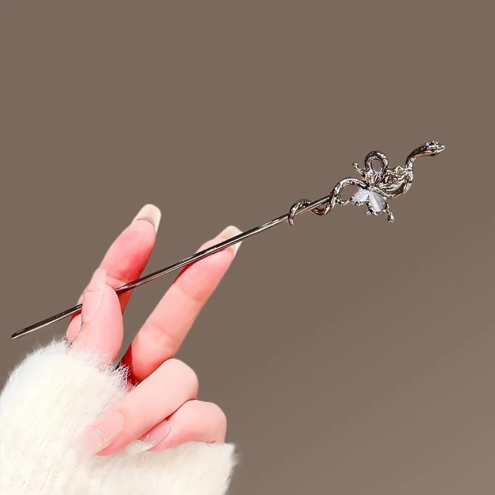 2026 New Chinese Style Snake Shape Rose Hair Stick for Women Vintage Red Crystal Tassel Chopstick Hair Sticks Hair Accessories view 4