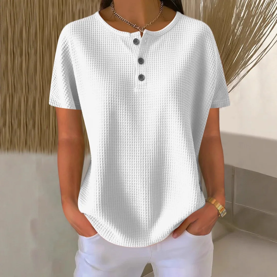 Fotografia 5: Blusa de Malha Waffle com Gola Redonda, Nova Coleção Verão 2026, Cor Sólida, Manga Curta