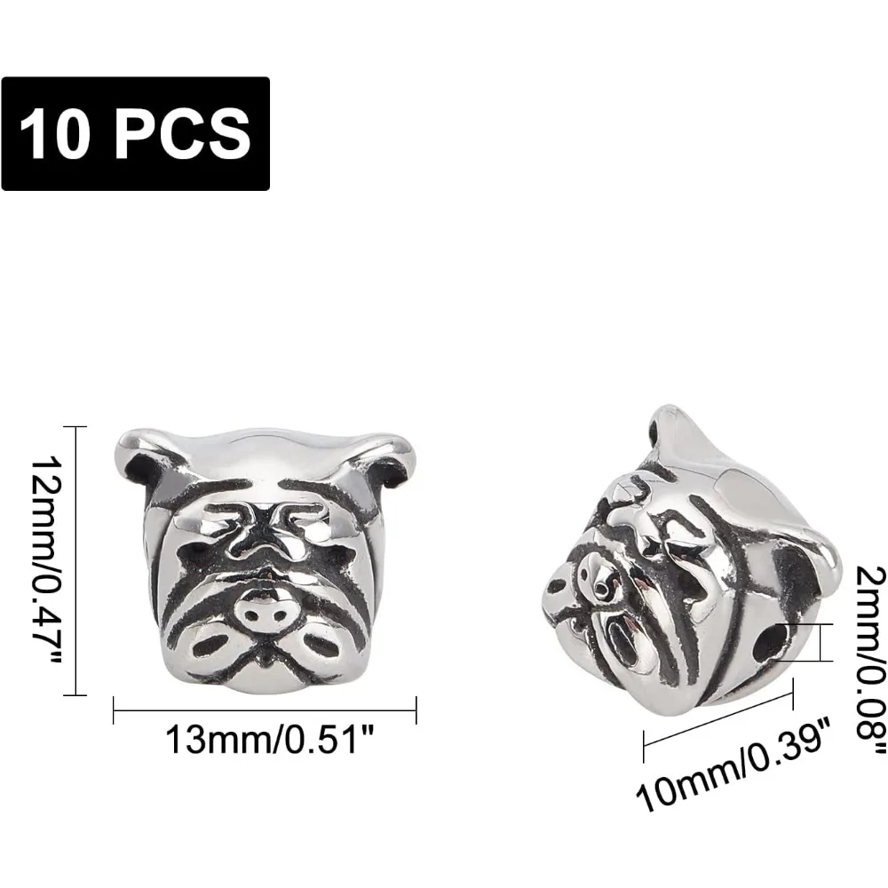 10pcs 2mm Hole Stainless Steel Bulldog Beads Charms Pug Dog Pitbull Puppy Pet Head Bead Spacer Beads Antique Silver European