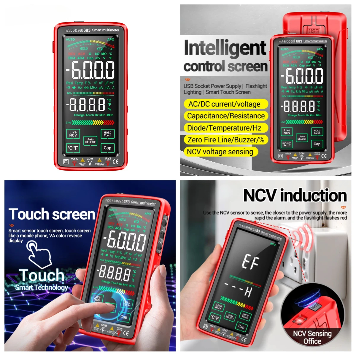 

High-end Touch Smart Digital Multimeter 6000 Counts Rechargeable AC DC Voltage Current Tester
