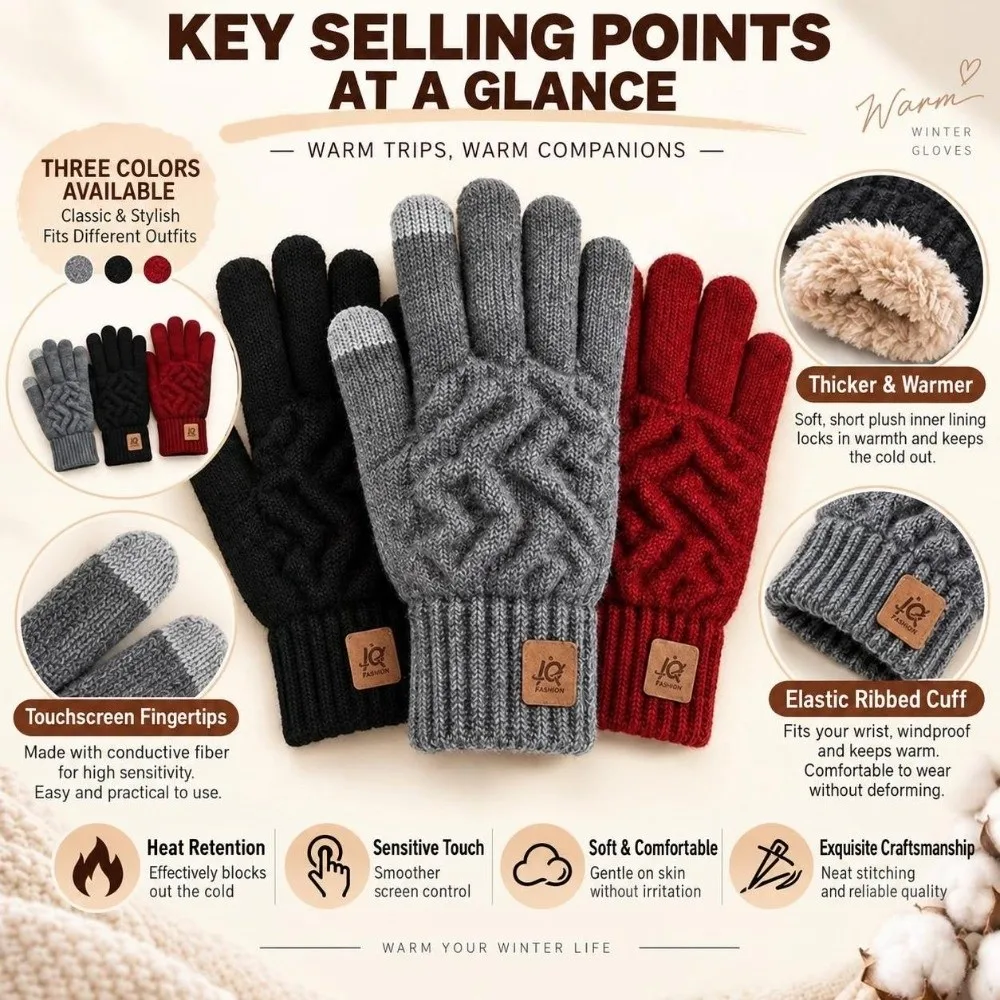 Classic Style Unisex Touch Screen Gloves Acrylic One Size Cable Knitted Gloves Winter Warm Gloves Cold Weather Wear