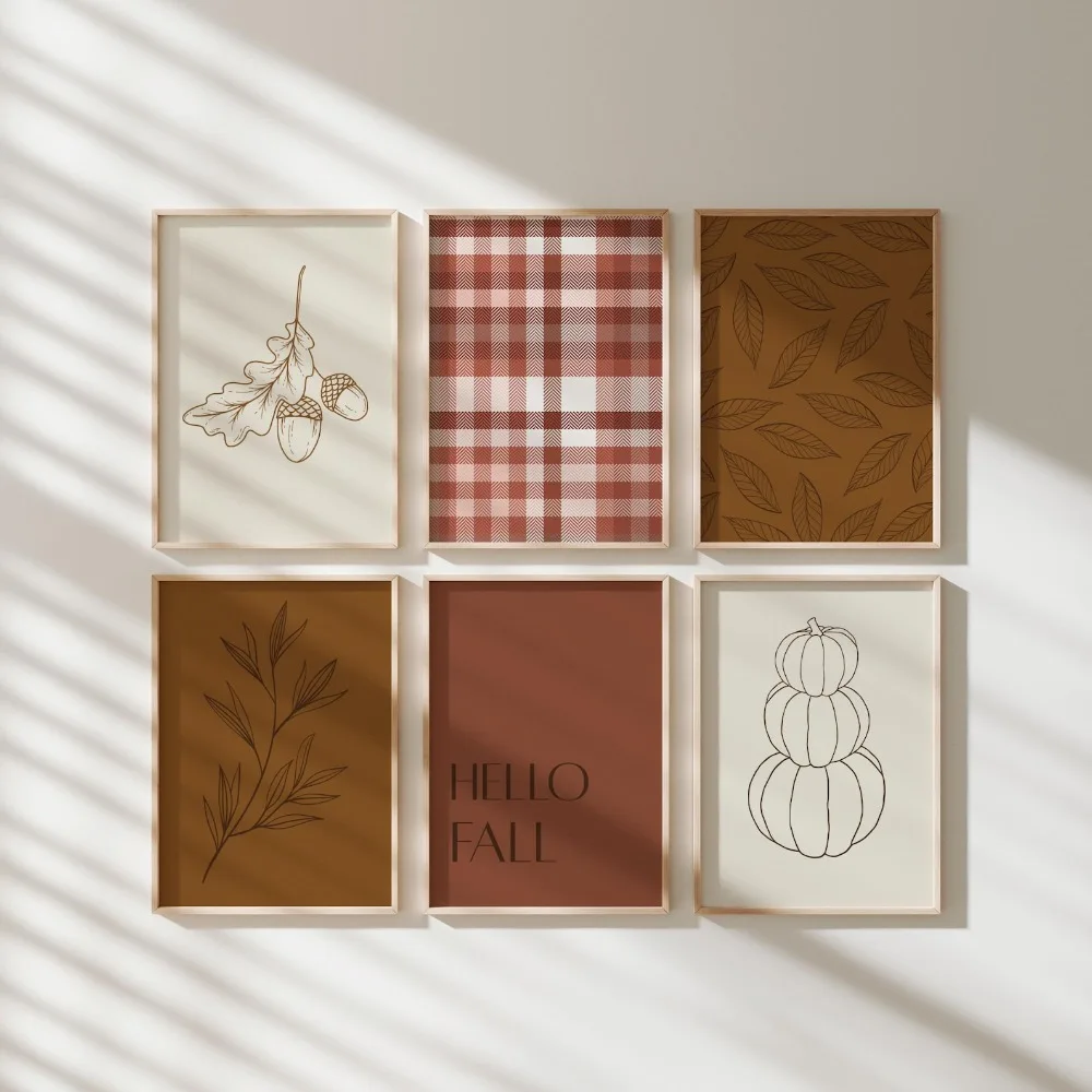 6pcs Frameless,Neutral Autumn Wall Art Prints,Simple Autumn Decora,Digital Download,Autumn Hello Living Room Bedroom Wall Decor
