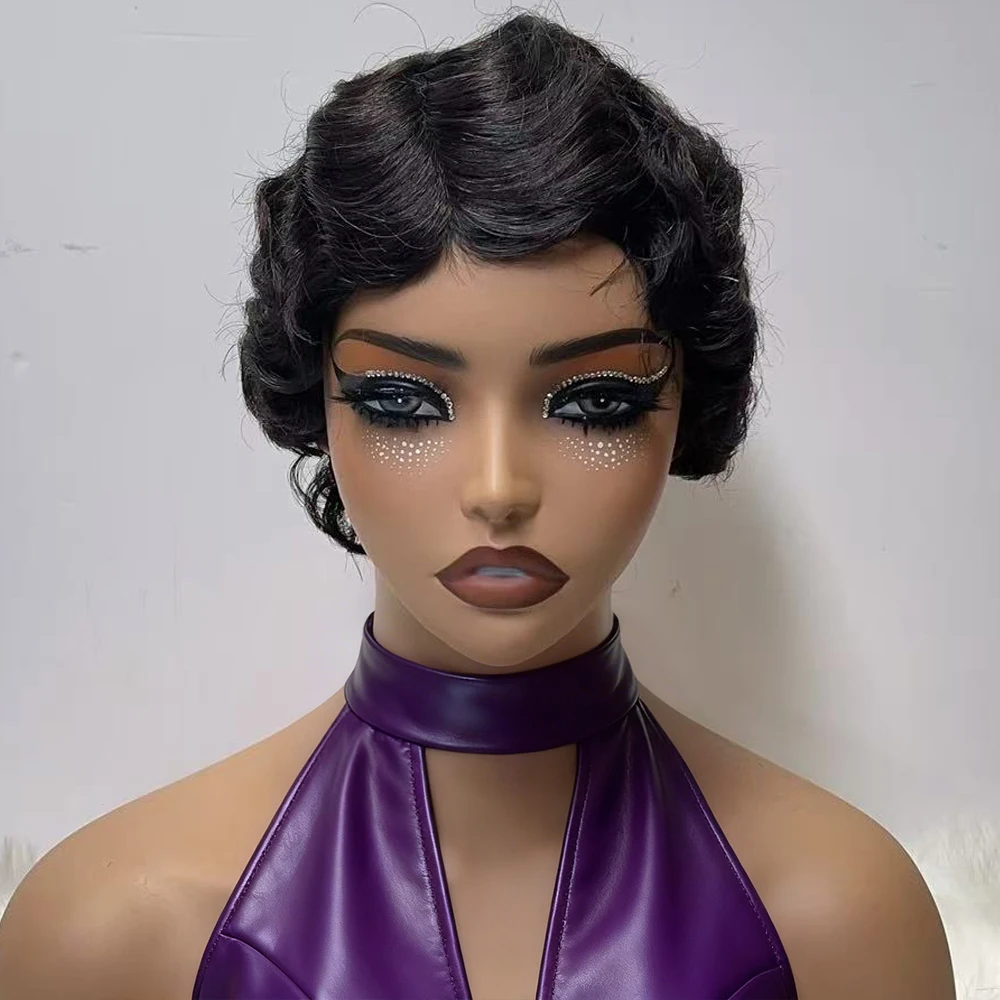 

Парик Finger Wave из 100% натуральных человеческих волос, машинной работы, для женщин, натуральный черный цвет, без клея, короткий боб, парик с эффектом морской волны, парик в стиле пикси.
