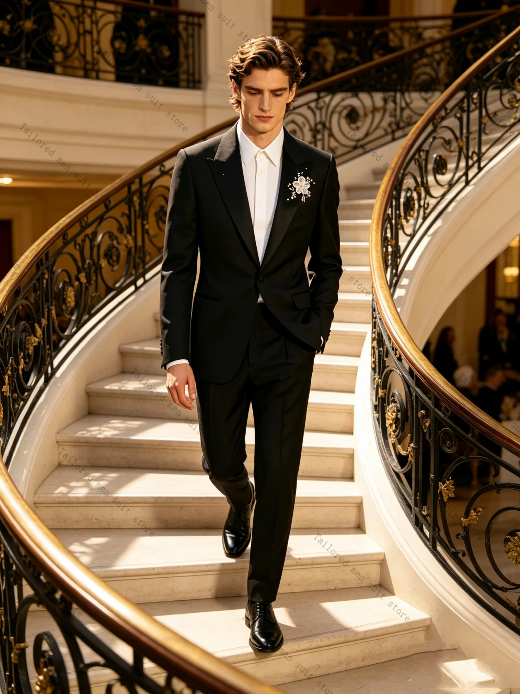 

Black Spring Men Suits Pants Set 2 Pcs Blazer+Trousers White Flower Wedding Tuxedos Jacket Formal Office Business Coat Outfit