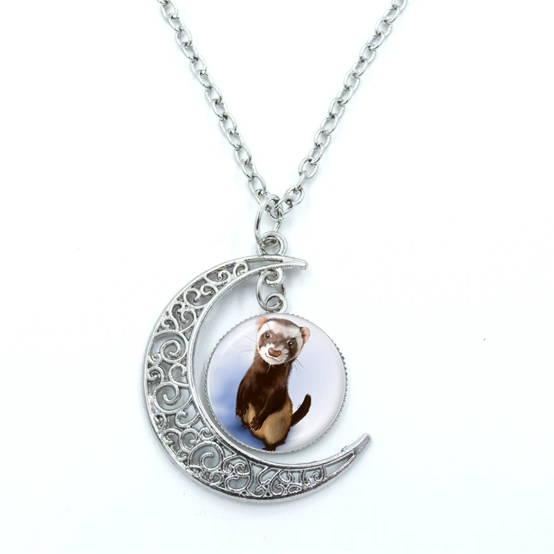 Cartoon Animal Ferrets Moon Necklace Dome Girls Chain Lady Pendant Lovers Jewelry Glass Demo Charm Boy Women Gifts