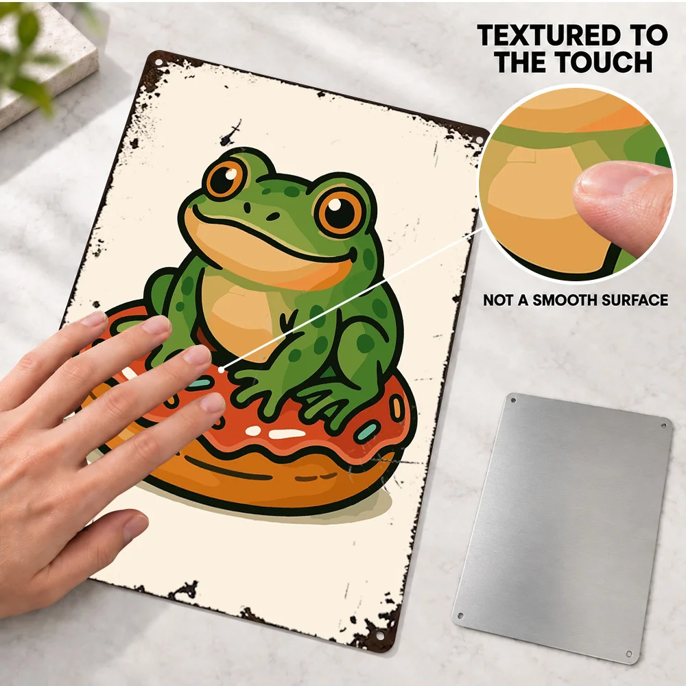 Cute Frog On Donut Cartoon Aluminum Poster Animal Portrait Bedroom Wall Art Customized Metal Sign Thoughtful Housewarming Gift