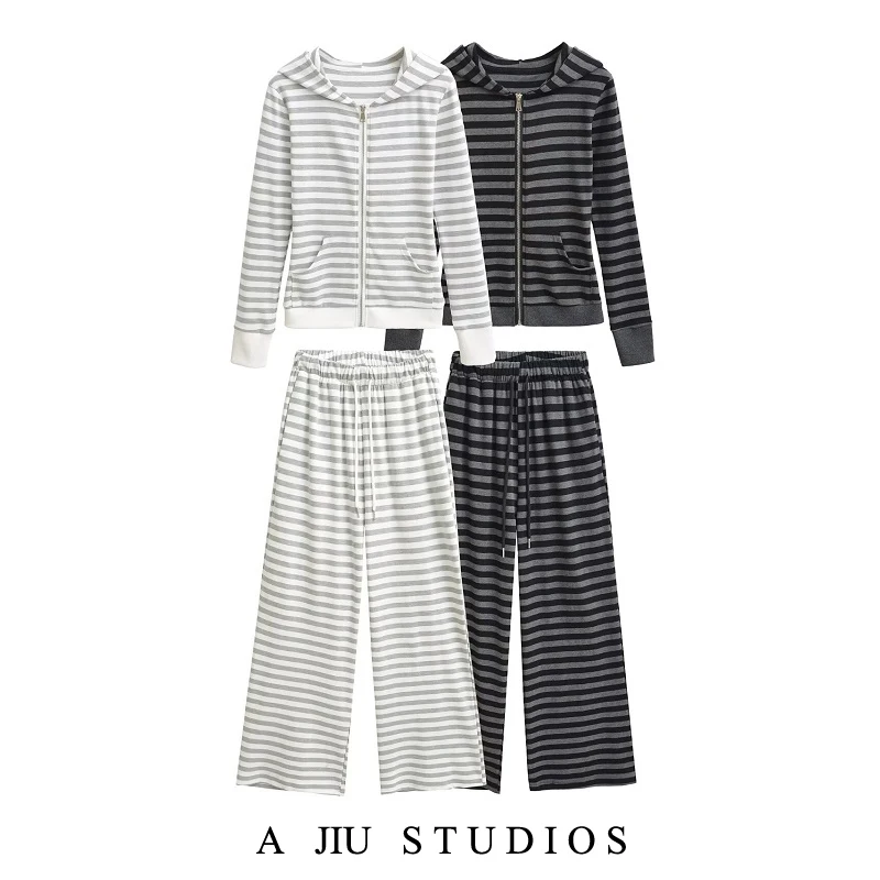 

Retro American Striped Hooded Zipper Cardigan Sweatirt Women's Autumn High Waist Casual Wide Leg Pants Set Faionable Two-...