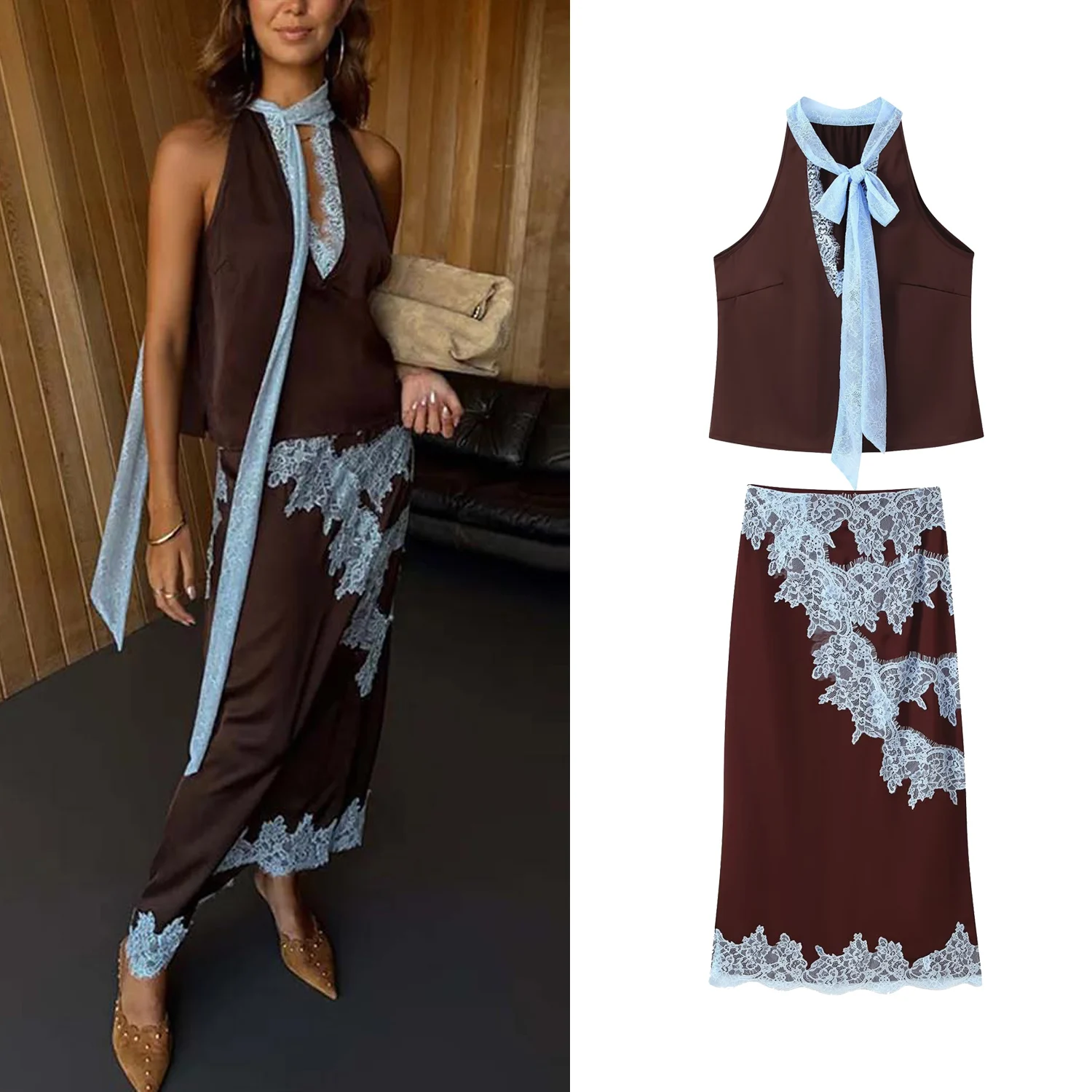 Women Spring Summer New Sexy Lace Embroidery Splicing Skirt Set Female Elegant V-Neck Lace-Up Vest Top Or Lady Patchwork Skirt