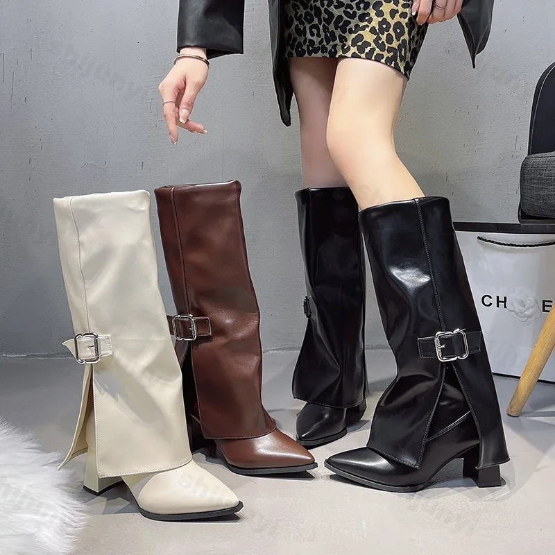 

Women's Long Boots Fashion High Heels Pointed Toe 2026 Designer Knee High Leather Shoes Metal Belt Buckle Women Mujer Botas