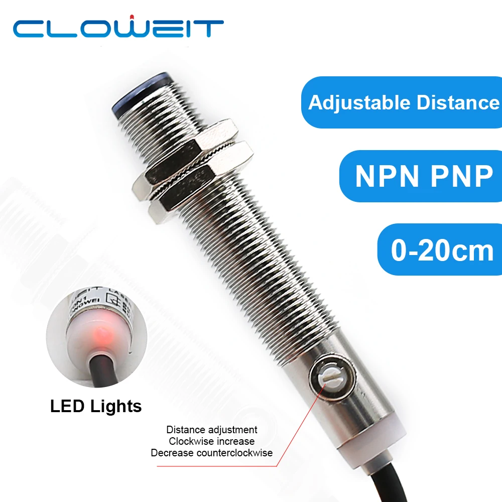 

Cloweit M12 Diffused Photo Electric Sensor IP65 20cm Long Distance 24v NPN PNP Optical Infrared Switches