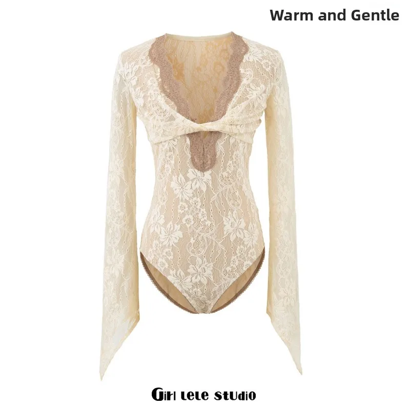 

Американский ретро-комбинезон с кружевом, длинными рукавами, V-образным вырезом, приталенный, с завышенной талией, брюки из смесового хлопка, весна 2026