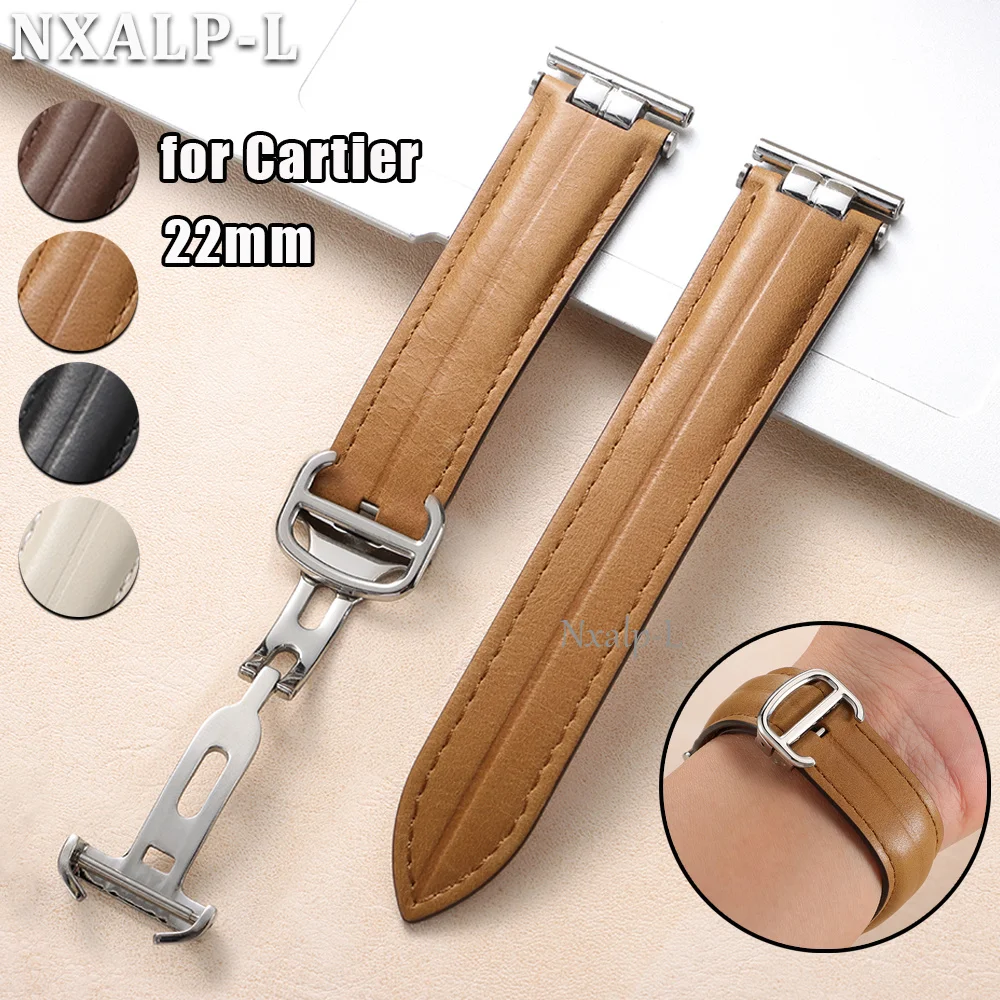 22mm Genuine Leather Watch Strap for Cartier Tank Louis Tank Must Cowhide Wristband Quick Release Men Women Folding Buckle Band