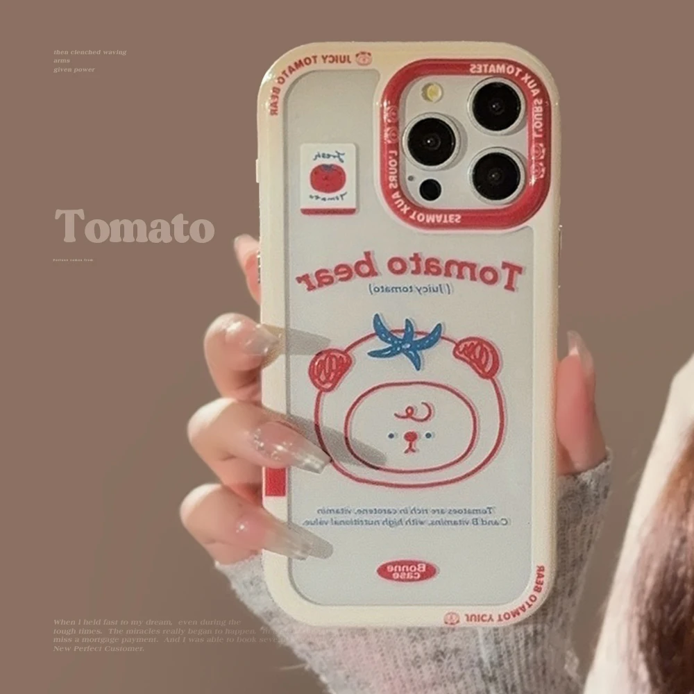 Silicone Phone Case Cute for IPhone15 14 13 12 Pro Max 11 Korean Ins Cartoon Tomato Teddy Bear Shockproof Cover Fundas