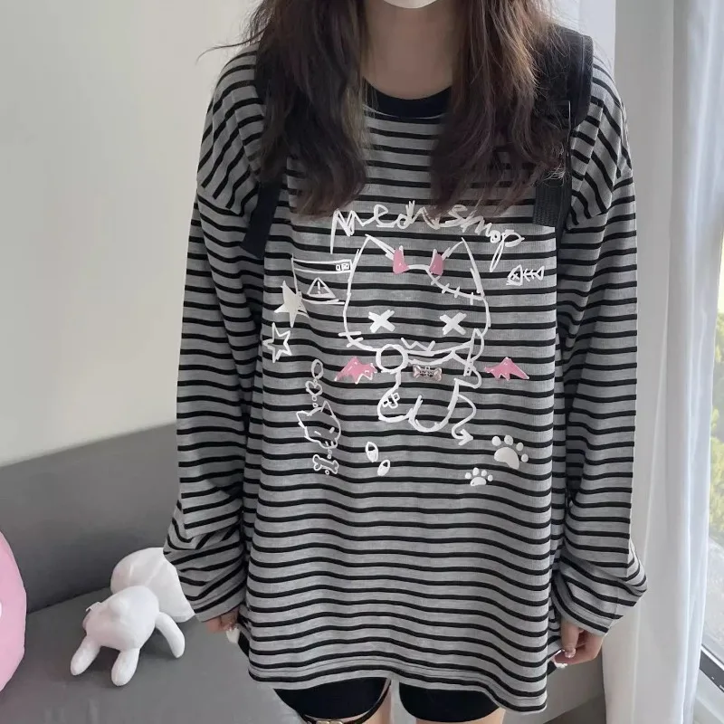 

Y2k Harajuku Striped Patchwork Hoodies Women Japanese Style Grunge Gothic Cartoon Print Loose Sweatshirt Soft Girl