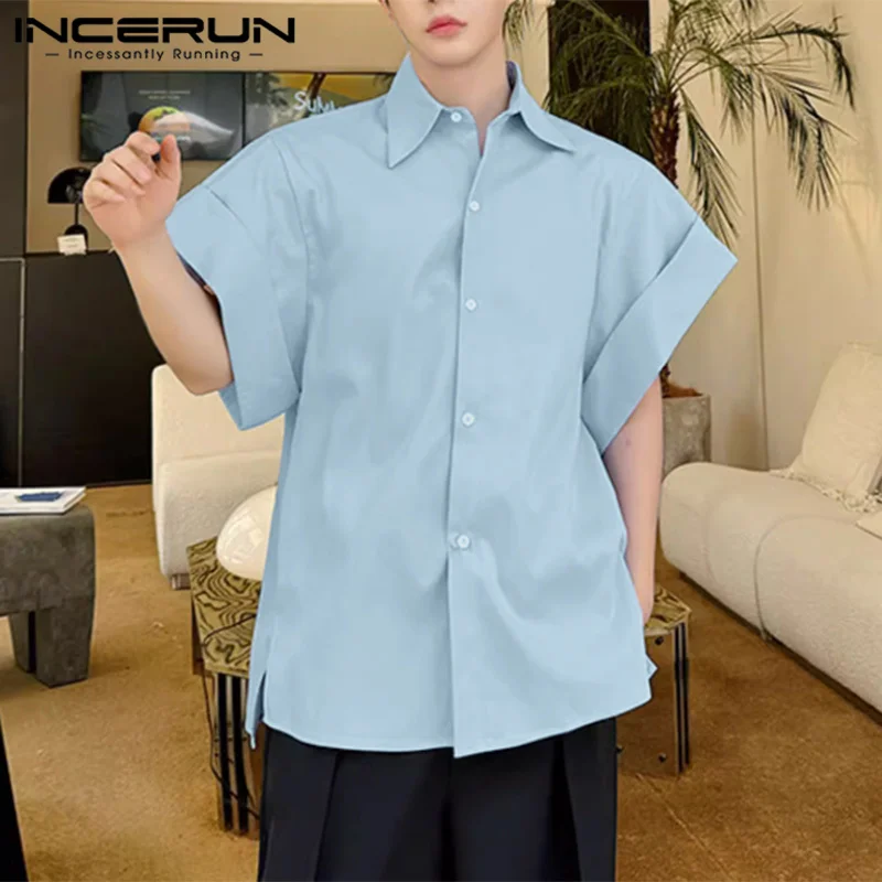 

INCERUN Tops 2024 Korean Style Men's Solid Large Cuff Design Shirts Casual Simple Summer Solid Loose Short Sleeved Blouse S-5XL