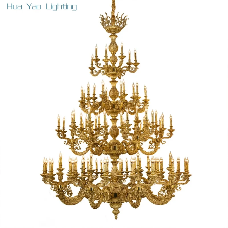 French Royal Retro Tiered Candle Decor Villa Duplex Large Dewaxed Copper Chandelier Hotel Banquet Hall Church Pendant Lamp