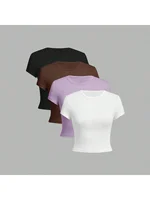 Conjunto de 4 camisetas cortas ajustadas de cuello redondo y manga corta de color liso para mujer, estilo casual 2026