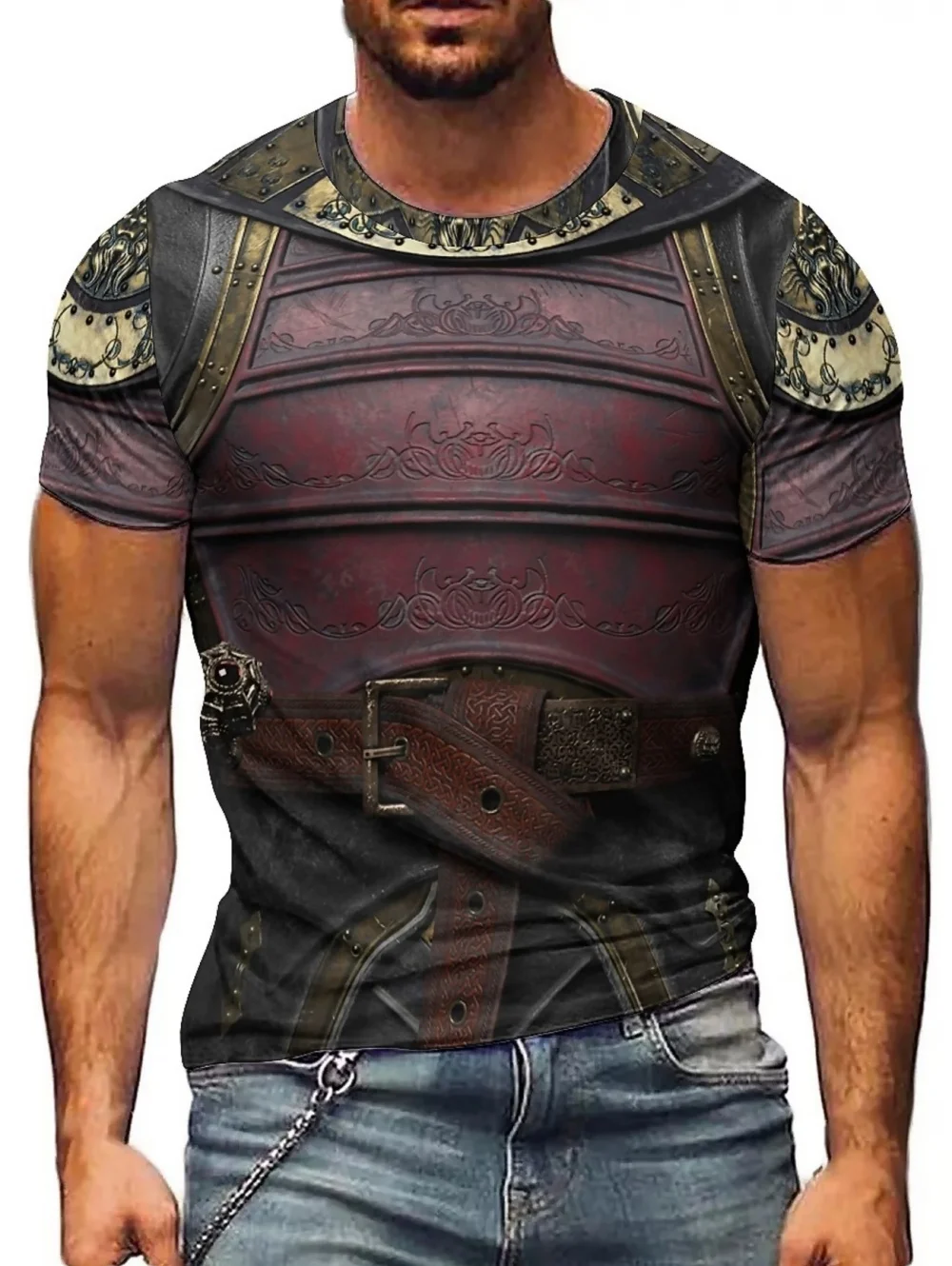 Herren 3D-gedrucktes Street Knight Gold Ninja Rüstungs-T-Shirt – Lässiges Harajuku O-Neck Party Rollenspiel Kurzarm Lustiges T-Shirt – Detail 5