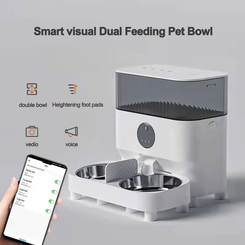 Stainless Steel Double Cat Bowl Intelligentize Touch Panel Control Automatic Pet Feeder 5L Big Capacity for Dogs & Cats HD Video