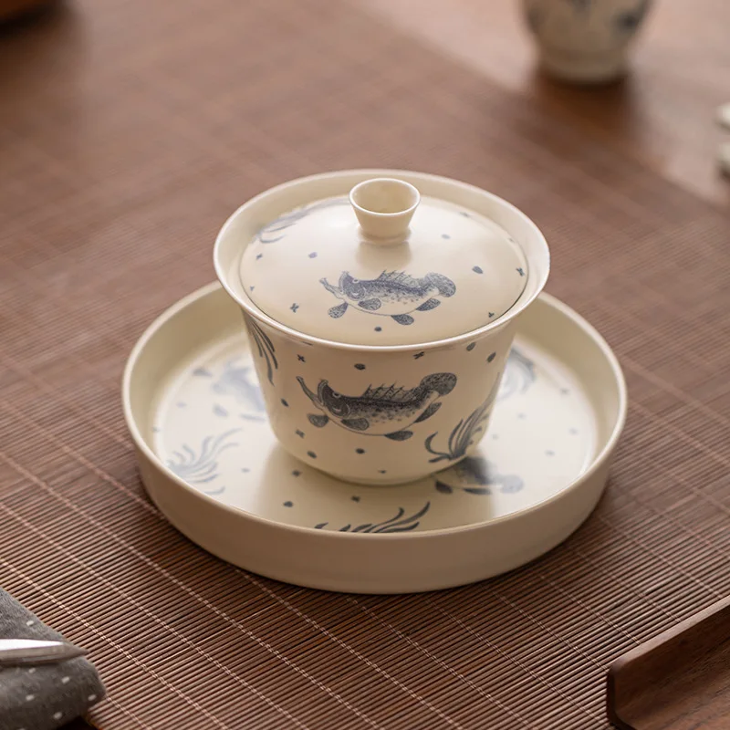 

LH grass and wood ash hand-painted fish and algae pattern cover bowl teacup household ceramic tea set