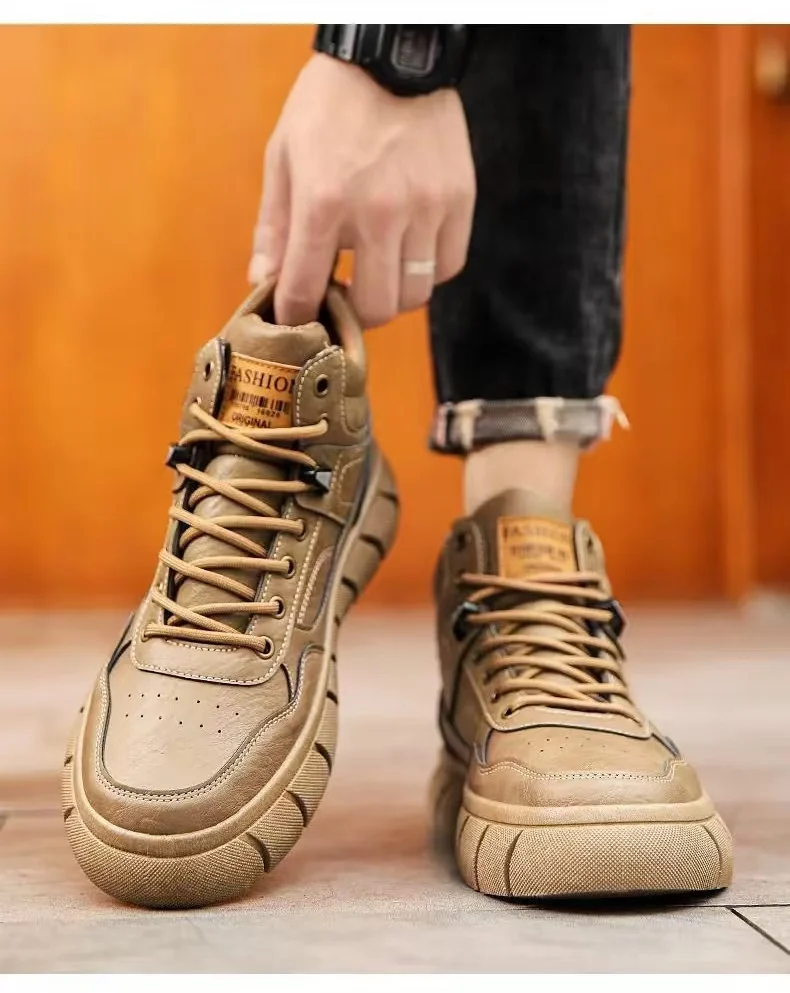 2024 homem apring outono couro alta superior sapatos de ferramentas sola grossa antiderrapante rendas até estilo britânico retro sapatos casuais de couro