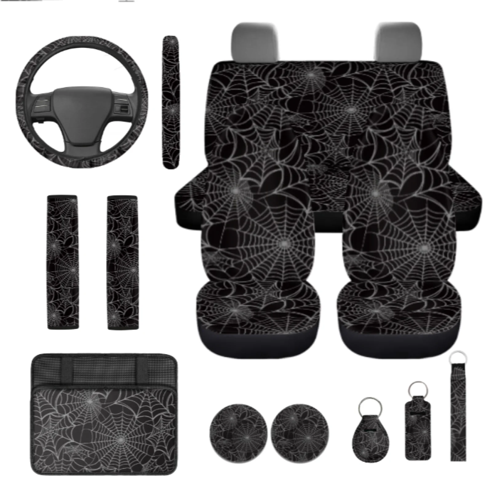 Coloranimal Spider Web 13 PCS Auto Interior Accessories with Steering Wheel Cover and Auto Keychain for Auto Interior