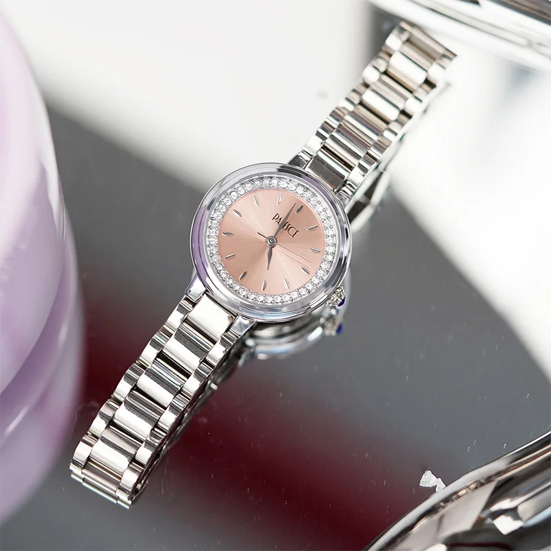 

Роскошные женские часы в стиле ретро, инкрустированные бриллиантами, маленький круглый розовый циферблат, нежный темперамент, изысканные женские кварцевые наручные часы